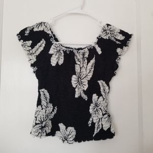 Favant Hawaii Floral Black & Cream Elastic Smocked Off the Shoulders Top
